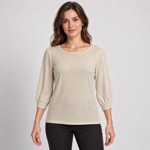 Koton Women's Small Ivory Textured Blouse 3/4 Balloon Sleeve Scoop Neck Top